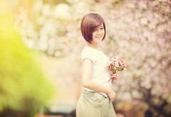girl, smile, asian, flowers, buket, vesna wallpaper