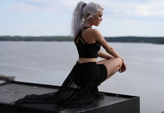 girl, model, pose, black, river wallpaper