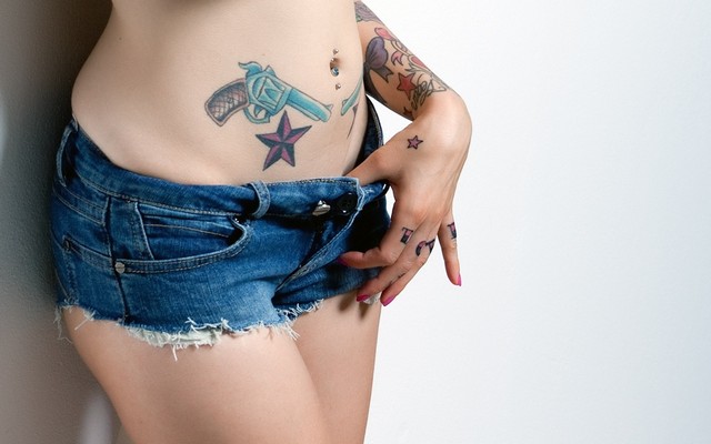 1920x1200 pix. Wallpaper girl, tattoo, sexy, shorts, jeans