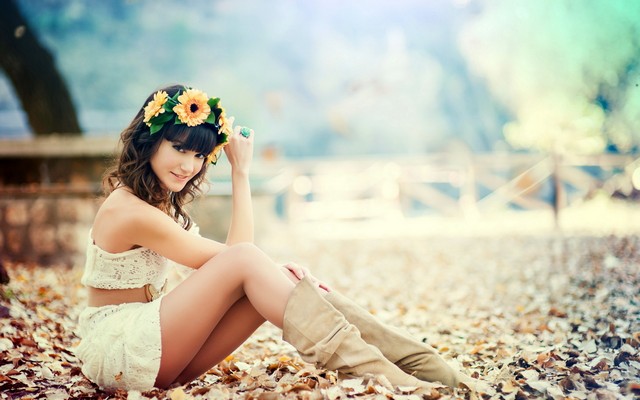1920x1200 pix. Wallpaper brunette, model, legs, boots, leaf, autumn, almudena navarro