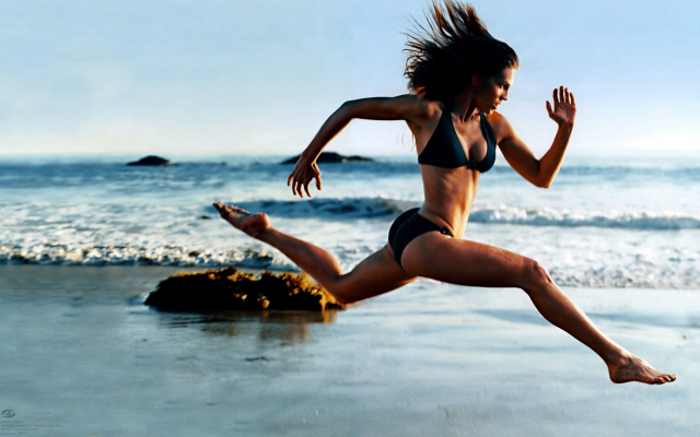 2241x1396 pix. Wallpaper fitness girl, beach, running, sea