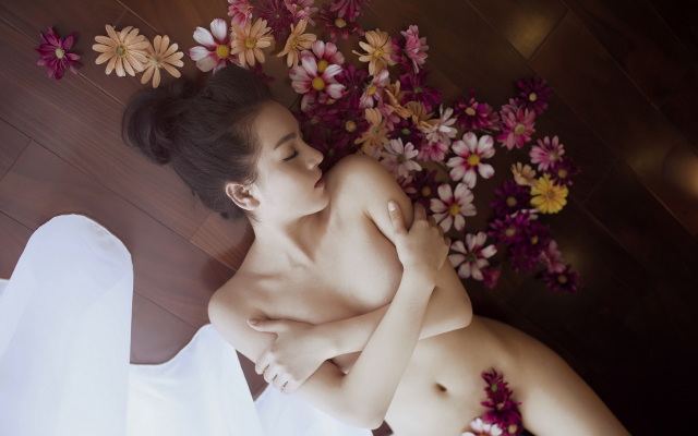 1920x1200 pix. Wallpaper asian, strategic covering, nude, flowers, brunette