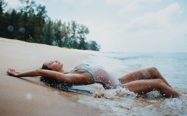 2048x1365 pix. Wallpaper swimsuit, closed eyes, water, sand, wet, arched back, see-through, ocean