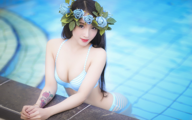 1920x1200 pix. Wallpaper swimming pool, flowers, asian, bikini, pool, wreath