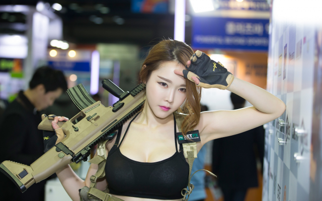 2395x1609 pix. Wallpaper women with guns, weapon, asian, busty