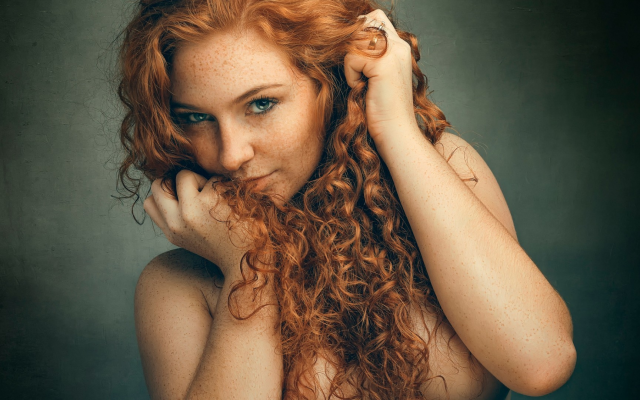 1920x1080 pix. Wallpaper model, portrait, redhead, curly hair, smoky eyes, strategic covering