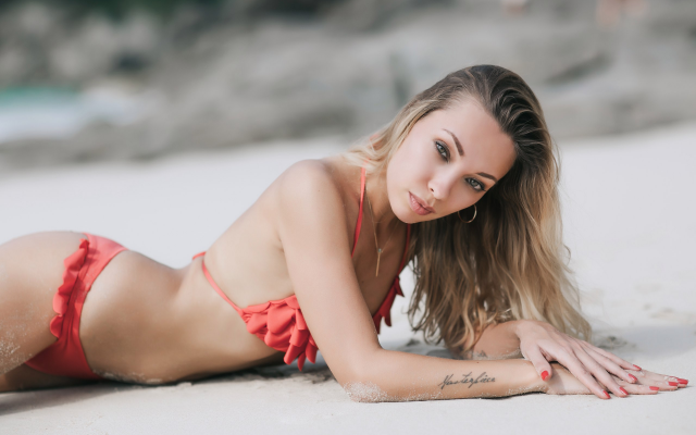 2560x1706 pix. Wallpaper red bikini, beach, sand, red nails, women