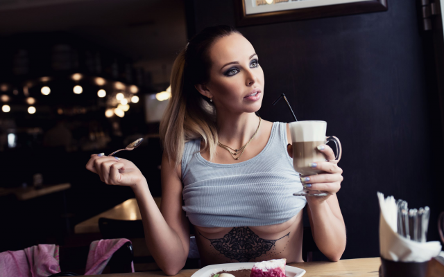 2560x1391 pix. Wallpaper sitting, cup, underboob, tattoo, necklace, boobs, cafe