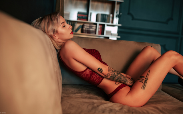 2560x1536 pix. Wallpaper women, blonde, tanned, tattoo, couch, red lipstick, red lingerie, closed eyes