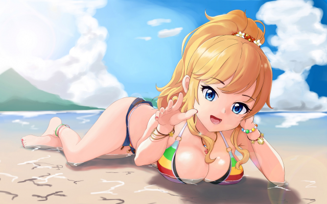 2560x1595 pix. Wallpaper beach, sky, blue eyes, big boobs, thigh-highs, anime