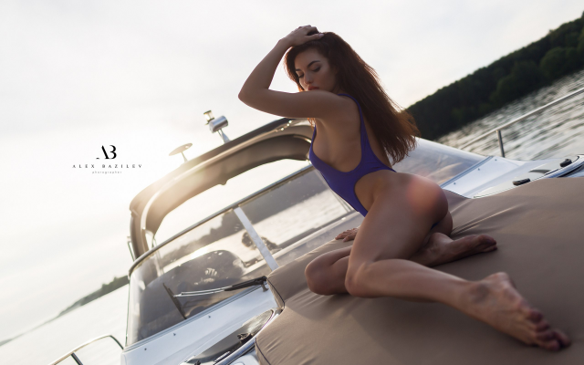 2560x1707 pix. Wallpaper tanned, ass, yacht, sideboob, outdoors, sitting, swimsuit, brunette