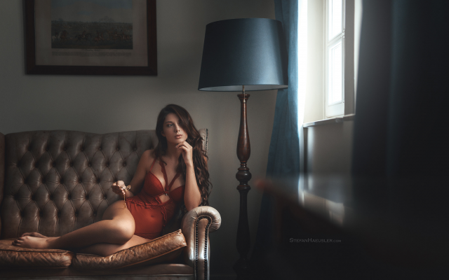 2048x1366 pix. Wallpaper couch, sitting, red lingerie, tanned, lamp, window