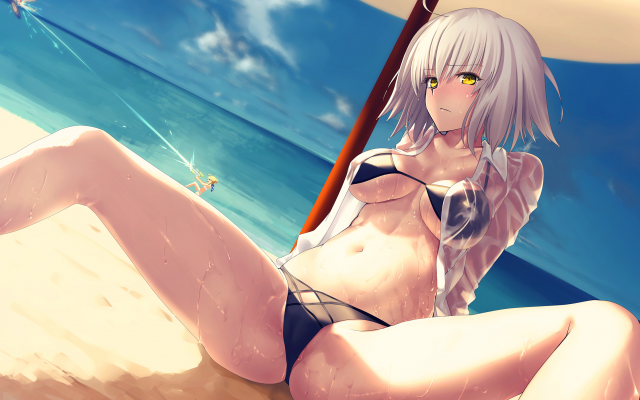 2248x1500 pix. Wallpaper anime, open shirt, wet, spread legs, big boobs, wet body, anime, bikini, boobs