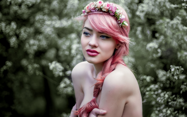 2000x1334 pix. Wallpaper model, face, flowers in hair, portrait, pink hair