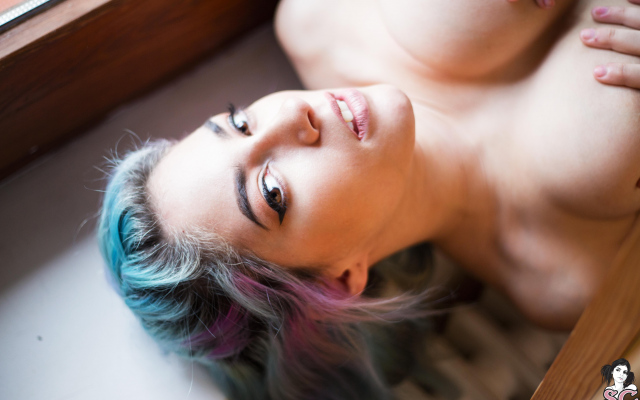 5472x3648 pix. Wallpaper sivir, suicide girls, blue hair, pink hair, looking up, nude, handbra, boobs, big tits
