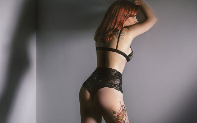 5742x3833 pix. Wallpaper black lingerie, redhead, ass, back, shadow, tattoo, wall, black panties, black bra