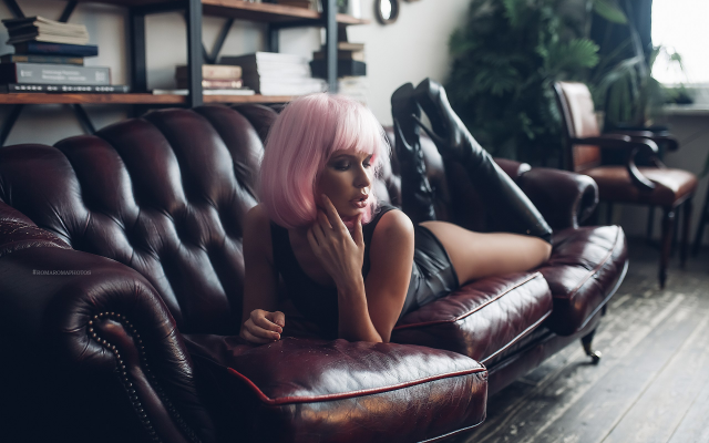 2560x1707 pix. Wallpaper pink hair, monokini, tanned, knee-high boots, couch, ass, fetish