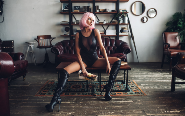 2560x1707 pix. Wallpaper wigs, pink hair, monokini, tanned, boots, couch, sitting, fetish