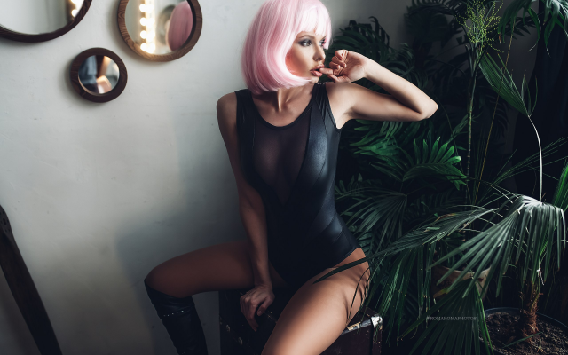 2560x1707 pix. Wallpaper wigs, pink hair, monokini, tanned, boots, sitting, finger on lips, sexy