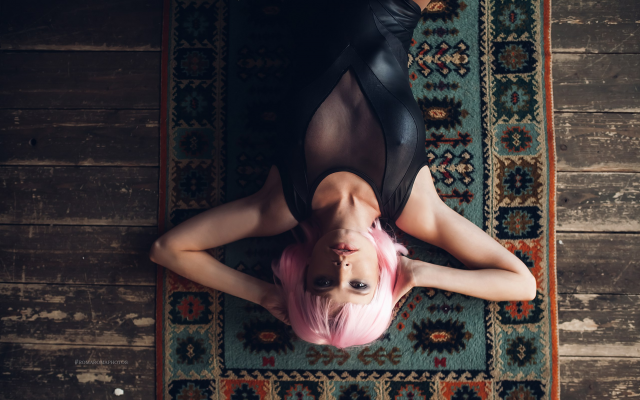 2560x1597 pix. Wallpaper pink hair, monokini, top view, wooden surface, tits, sexy