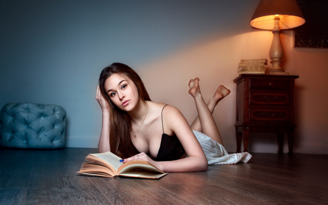 2000x1125 pix. Wallpaper barefoot, book, lamp, women, cleavage, bare shoulders