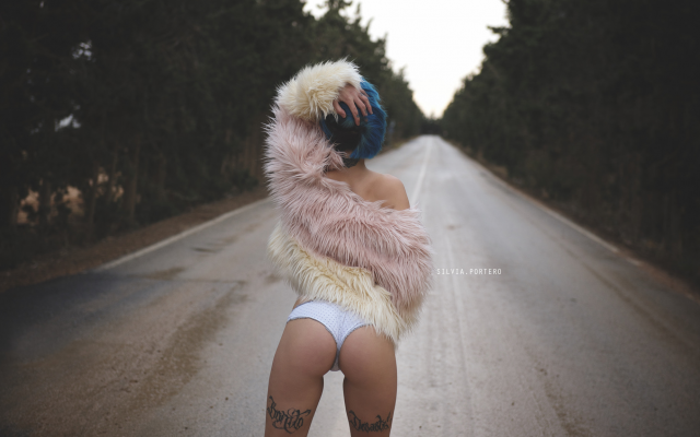 2048x1152 pix. Wallpaper fur, road, tattoo, back, white panties, outdoors, blue hair, sexy ass