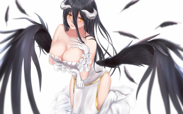 2480x1748 pix. Wallpaper boobs, cleavage, albedo, overlord, anime, black hair, dress, white dress