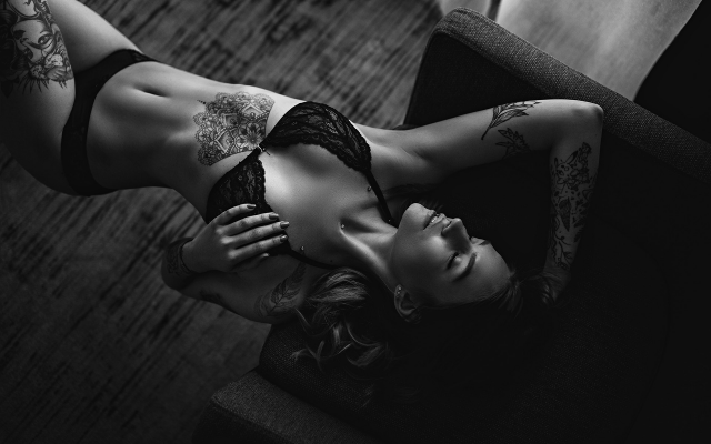 1920x1280 pix. Wallpaper monochrome, closed eyes, black lingerie, armpits, piercing, tattoo, belly, sexy