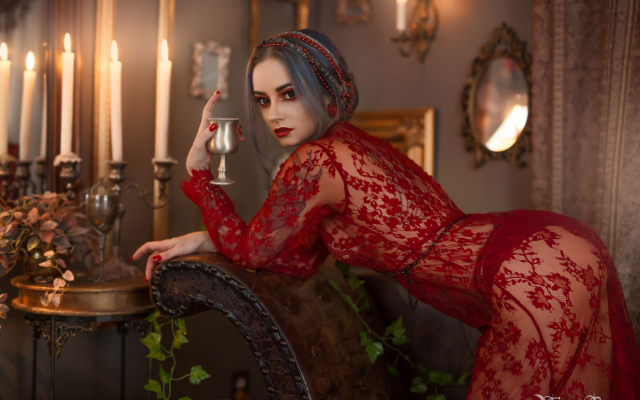 2000x1333 pix. Wallpaper genevieve, witch, valentines day, aphrodite, model, red lingerie, no bra, sexy, candles