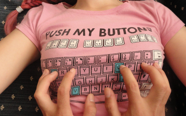 1920x1080 pix. Wallpaper busty, keyboard, t-shirt, push my buttons, sexy