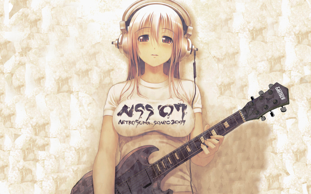 1920x1080 pix. Wallpaper anime, girl, guitar, headphones, busty