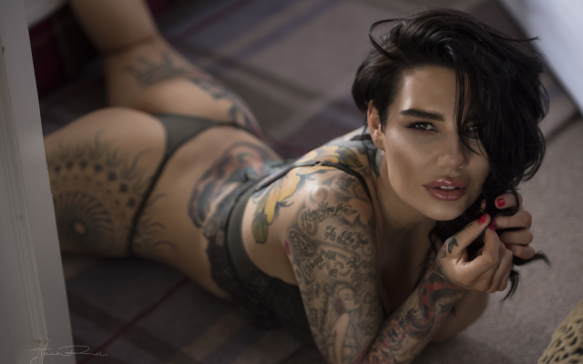 2048x1367 pix. Wallpaper ass, tattoo, tanned, lying on front, lingerie, thong, panties