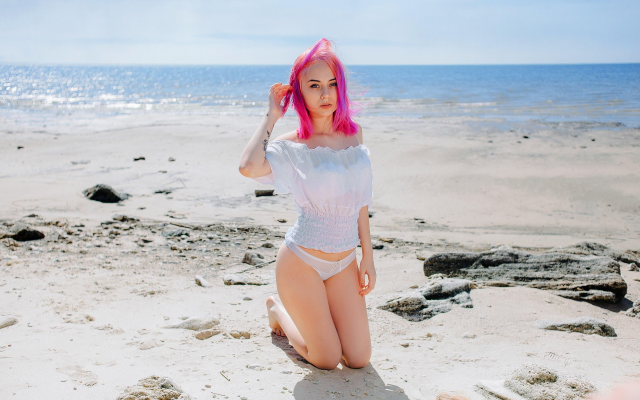 2560x1707 pix. Wallpaper pink hair, outdoors, kneeling, tattoo, sand, beach, white panties, sea, dyed hair
