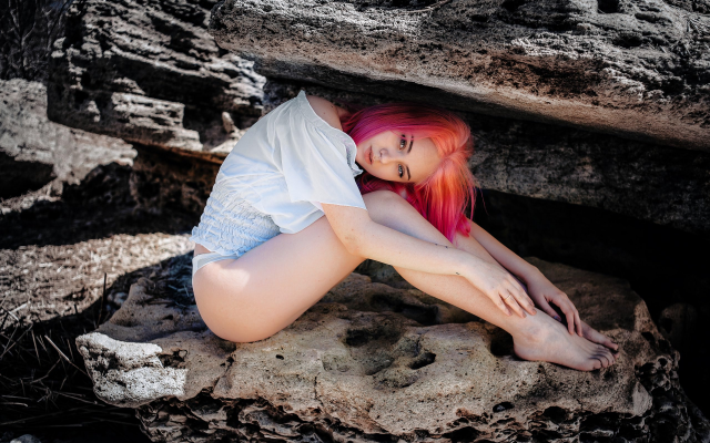 2560x1707 pix. Wallpaper pink hair, outdoors, dyed hair, sitting, white panties, rocks, legs
