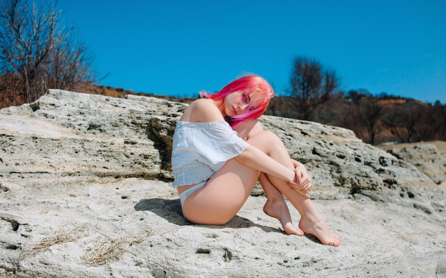 2560x1707 pix. Wallpaper pink hair, outdoors, dyed hair, sitting, white panties, hair in face, legs, feet