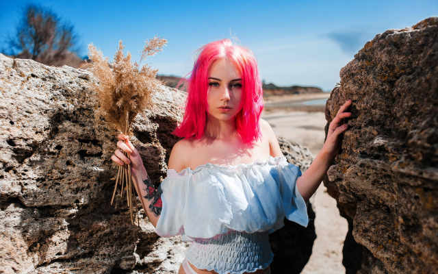 2560x1707 pix. Wallpaper pink hair, outdoors, dyed hair, portrait, rocks, white panties