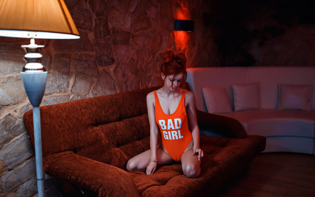 2048x1153 pix. Wallpaper redhead, cameltoe, kneeling, monokini, lamp, couch, sexy, bad girl