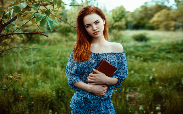 2048x1152 pix. Wallpaper portrait, redhead, blue eyes, outdoors, book, bare shoulders, summer dress, non nude