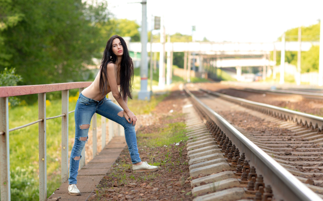 2560x1707 pix. Wallpaper topless, shoes, torn jeans, railway, outdoors, rails