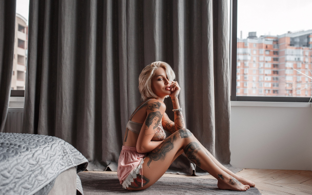 2560x1707 pix. Wallpaper blonde, tanned, sitting, tattoo, window, sideboob, lingerie, sexy