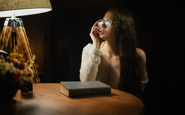 1920x1080 pix. Wallpaper table, lamp, book, glasses, portrait, pink lipstick, long hair, sexy lips, brunette