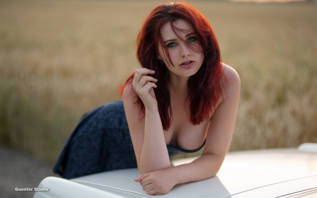 2048x1365 pix. Wallpaper dress, portrait, redhead, outdoors, boobs, bare shoulders, freckles, big tits