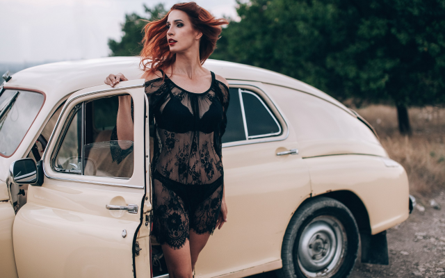 2560x1707 pix. Wallpaper model, redhead, red lipstick, cars, outdoors, lingerie, black lingerie, see-through