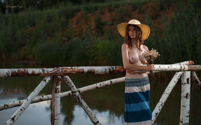 2048x1268 pix. Wallpaper topless, hat, skirt, long skirt, flowers, sexy, brunette, river