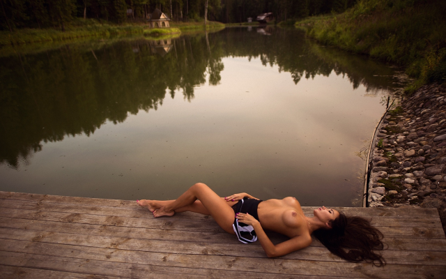 2000x1334 pix. Wallpaper pond, boobs, big tits, tanned, topless, brunette