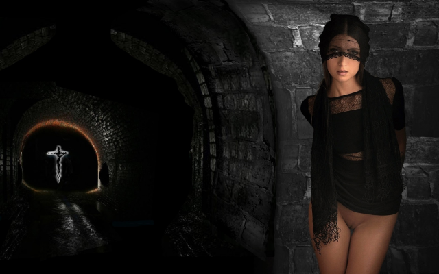 1920x1080 pix. Wallpaper girl in black, virgin and darkness, sinner, sight, punishment, repentance, black fire cross, bottomless pit, shaved pussy, pussy