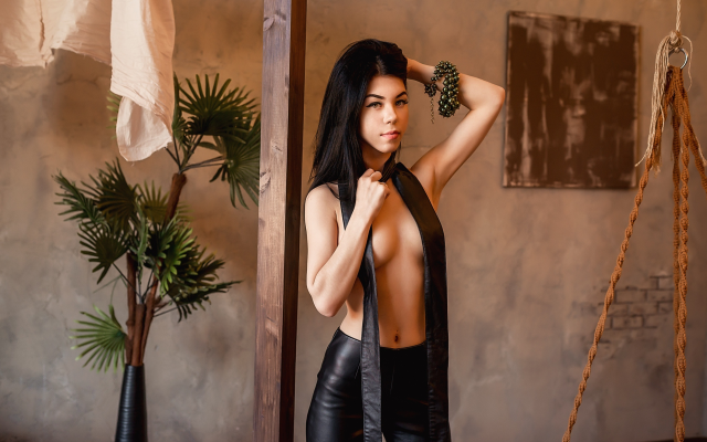 2500x1669 pix. Wallpaper women, topless, portrait, leather leggings, boobs, strategic covering, black hair, belly