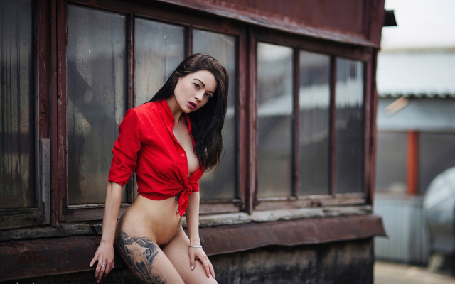 2560x1707 pix. Wallpaper model, tattoo, red shirt, brunette, bottomless, hot