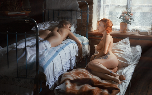 1920x1279 pix. Wallpaper 2 girls, ass, boobs, big tits, redhead, in bed, sexy, legs, tattoo, freckless