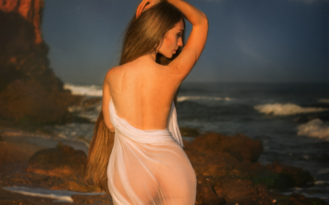 3505x2505 pix. Wallpaper ass, beach, sea, see-through, back, brunette, tanned, sexy